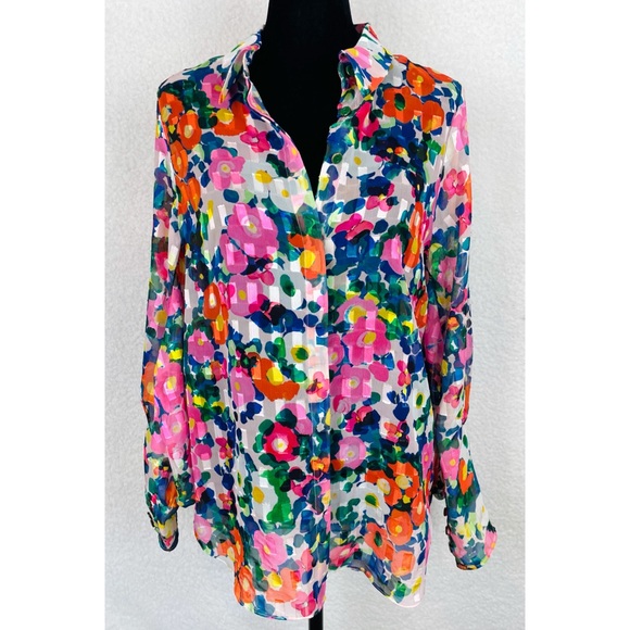 SALONI • Floral Semi-Sheer Long Sleeve Button-Down Shirt - Picture 11 of 16